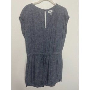 Old Navy Small Chambray Romper Blue Medium Wash Tie Waist Linen Rayon V-Neck